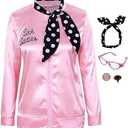 Edinoy 1950s Pink Satin Jacket with Scarf Earrings Cat Eye Glasses Halloween Women's Cosplay Costume, S