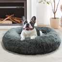 JOLLYVOGUE Calming Dog Bed Medium Size Dog, Anti-Anxiety Donut Medium Pet Bed, 27 inches Fluffy Faux Fur Round Cat Bed (Navy Grey)