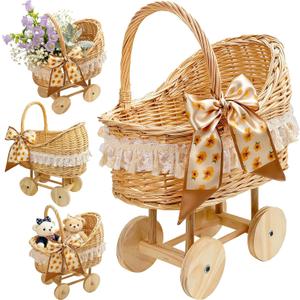 20 In Woven Rattan Stroller Shaped Flower Basket, Vintage Rattan Baby Buggy Planter for Floral Displays, Handwoven Rustic-Style Basket, Tabletop Floral Decor for Baby Shower Wedding Table Centerpieces