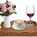 Rectangle Wicker Scalloped Tray, Hand Woven Synthetic Rattan Serving Tray with Handles, Coffee Table Decorative Tray Basket for Modern Boho Rustic Home Ornament or Organizing (Brown)