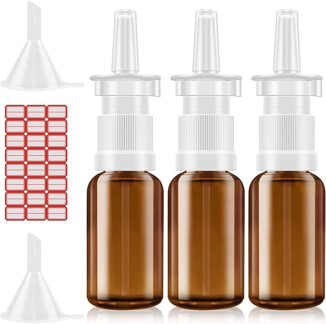 Nasal Spray Bottle, 3 Pcs 30ML/1oz Glass Amber Refillable Fine Mist Sprayers Atomizers, Small Empty Nasal Sprayer with Funnels and Labels