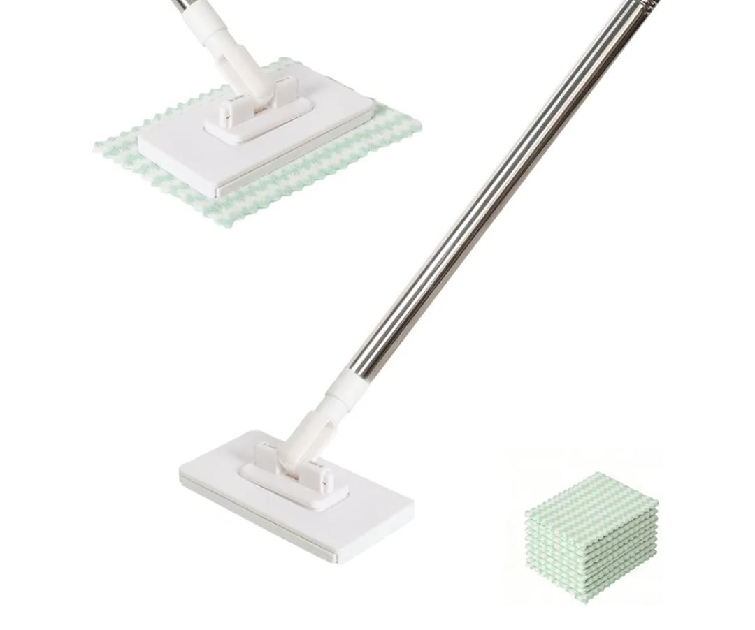 Snap Grip Mini Mop,Cloth Changing Mini Mop,Zero Touch MiniMop,Automatic Hands Free Push Pull Handle,Disposable Dust Mop with 10 Reusable Cloths for Wall Bathroom Toilet Corners Cleaning