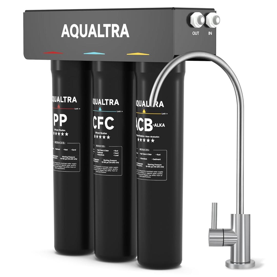 AQUALTRA USF-3F-15 Slightly Alkaline Under Sink Water Filter, 8K-40K Gallons Water Filtration System with Faucet, 0.5 m Carbon Fiber Filter Reduces Chlorine, Chloramine, Fluoride, Bad Taste & Odor