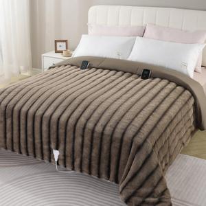 Heated Comforter Blanket Queen - Fluffy Faux Rabbit Fur Thick Comforter with 6 Heat Levels & 1-10 Hours Time Settings, Wireless LCD Controller, 90"x90", Brown