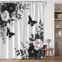 Black White Floral Shower Curtain Rustic Flower Butterfly Grey Floral Leaf Vintage Botanical Polyester Fabric Bathroom Decor 7070 Inch with Hook