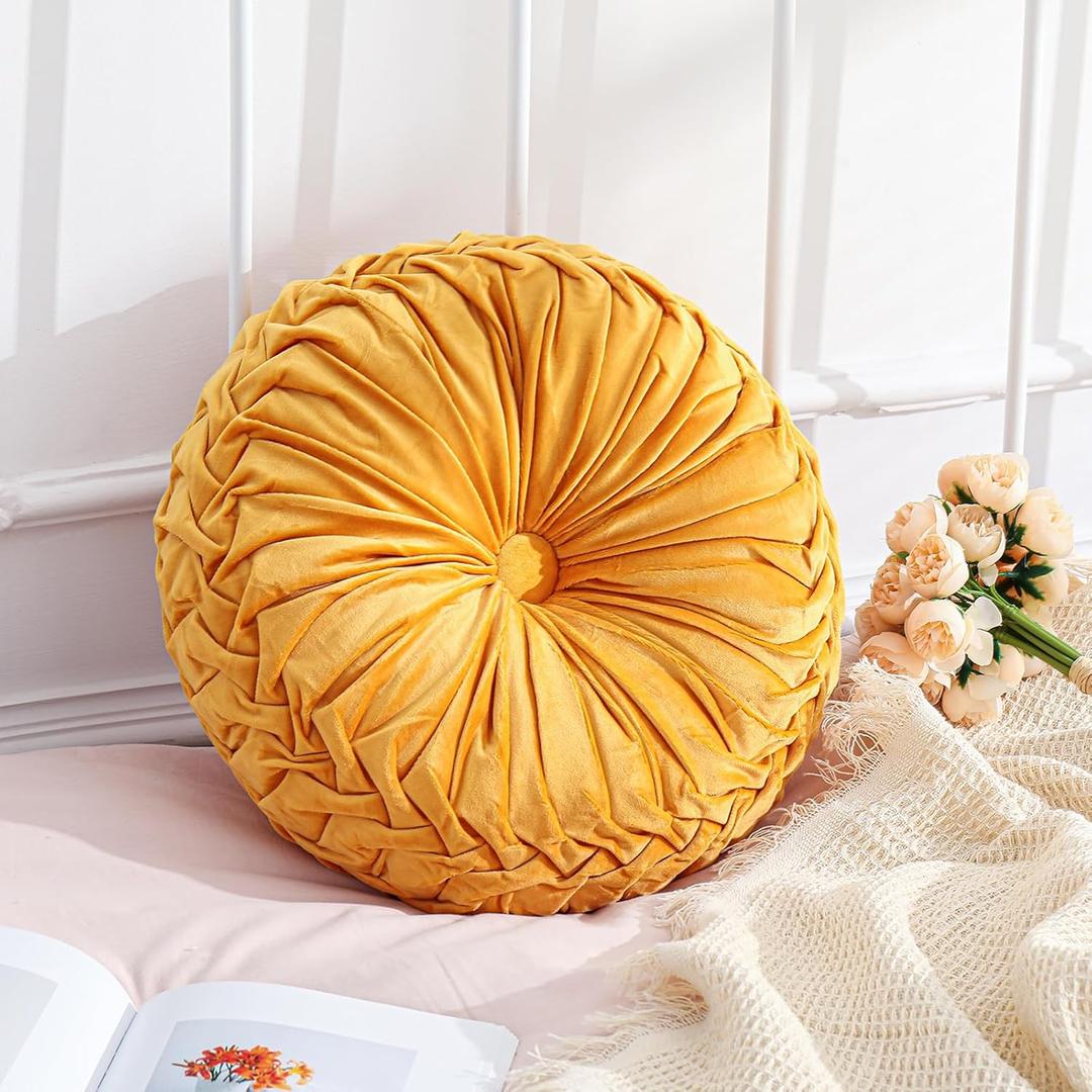 Drydiet 1 Pcs Round Throw Velvet Pillows Decorative Pleated Throw Pillows Diameter Accent Pumpkin Boho Chair Cushion for Couch Sofa Home Decoration (Yellow,15'')
