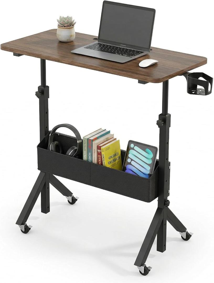 HUANUO Mobile Standing Desk with Wheels and Storage Basket, Height Adjustable 28.7"-46.1" Rolling Desk for Walking Pad, Small Space Laptop Computer Workstation for Home Office, 31.5" x 15.75"