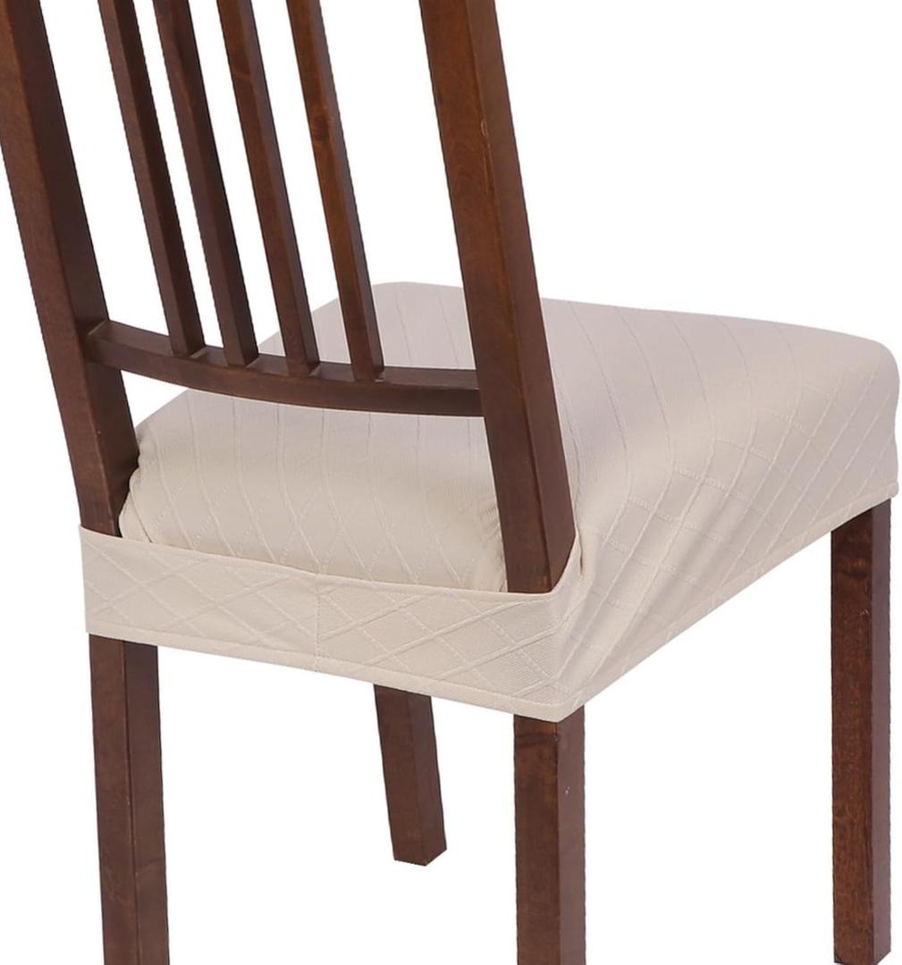 SearchI Stretch Dining Chair Seat Covers Set of 6, Soft Removable Washable Seat Covers for Dining Chairs, Dining Room Seat Cover Protector (Rear-Covered, Check Jacquard Beige)