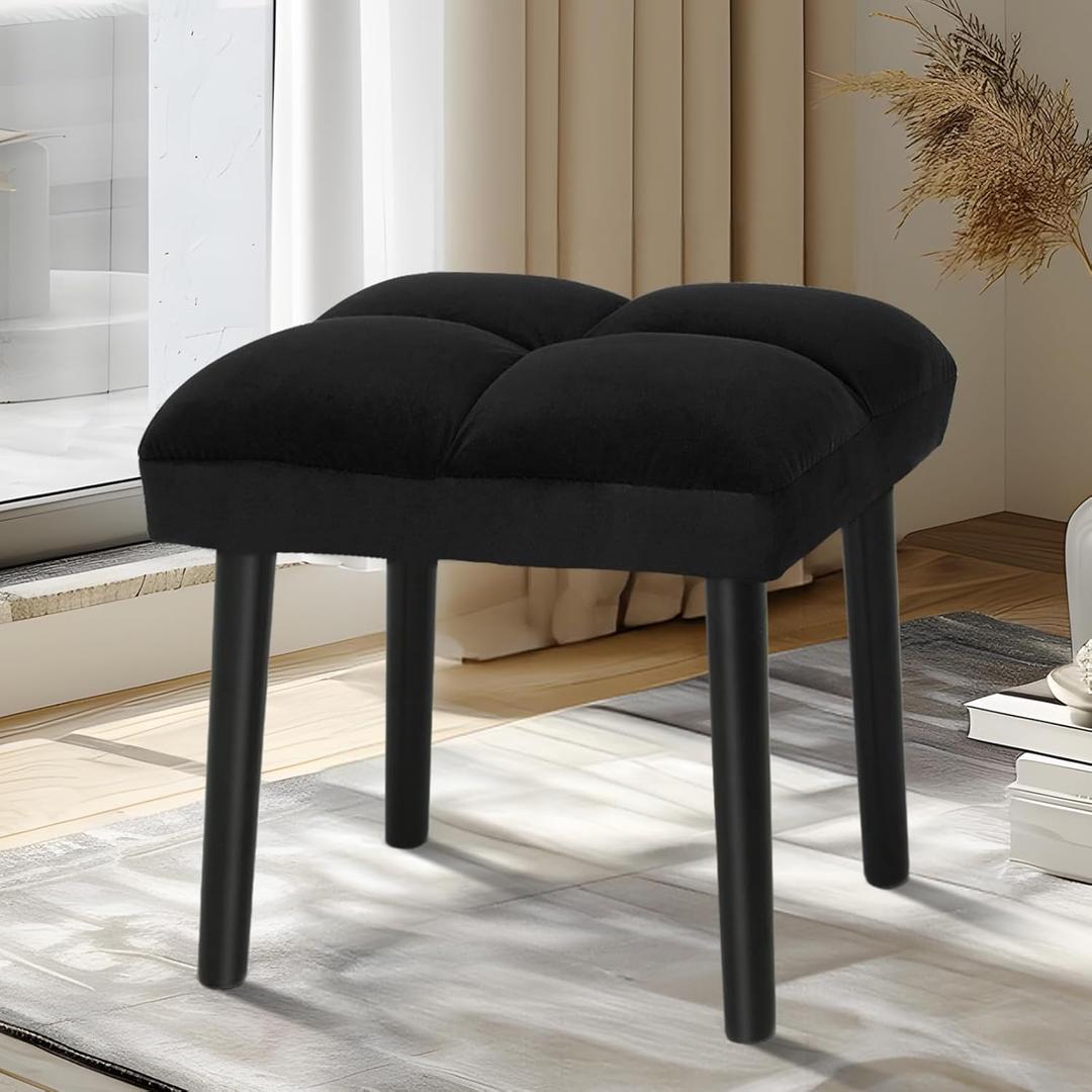 HOUCHICS Black Ottoman Stool, Square Makeup Stool with Wooden Legs, Small Ottoman Stool Chair for Vanity, Modern Padded Sofa Seat Foot Rest Stool(Black)