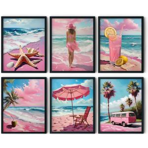 2 x 6pcs Pink Beach Wall Art Pink Summer Ocean Coastal Canvas Painting Coconut Girl Aesthetic Posters Prints Girly Nautical Bus Wall Decor Set for Girls Room Girls Dorm Home Decoration(8x10in Poster) (8L" x 10W")