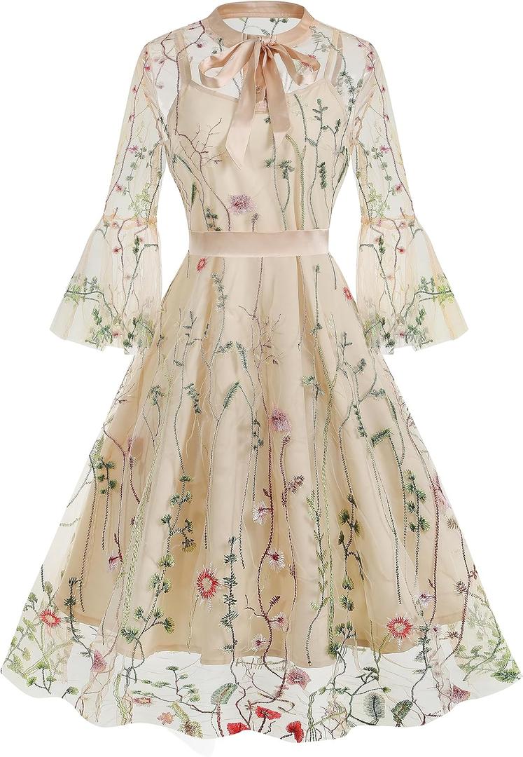 Bow Tie Neck Floral Embroidery Dress for Women Flower Embroidery Tulle Prom Dress 2 Piece Dress Embroidered Floral Mesh Dress Illusion Sheer 3/ 4 Bell Sleeve Formal Short Homecoming Dresses Apricot, Small