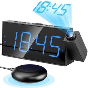 Mesqool Projection Alarm Clock, Loud Vibrating Alarm Clock for Heavy Sleepers, Adjustable Projection Brightness,Hearing Impaired & Deaf People, Digital Alarm Clock with USB Charging Port