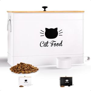 Cat Food Storage Container with Scoop - 15 lb (50 Cup) Capacity Metal Cat Food Container with Airtight Bamboo Lid & Metal Scoop - Airtight Pet Food Storage Containers - 15 lb Treats & Kibble Container (White)