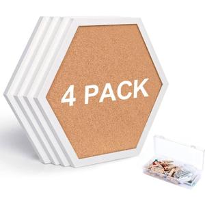 Cork Bulletin Board Hexagon White, Small Framed Corkboard Tiles for Wall, Thick Decorative Display Boards for Home Office Decor, School Message Board (4 Pack)