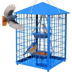 Mealworms Bird Feeders for Bluebirds - Metal - Huge Caged Squirrel-proof Bird Feeders with 2 Cups, DIY Wild Bird Feeders Outdoor Hanging (Blue), Attract Small Birds, 2lbs Seed Capacity+1 Mealworms Cup
