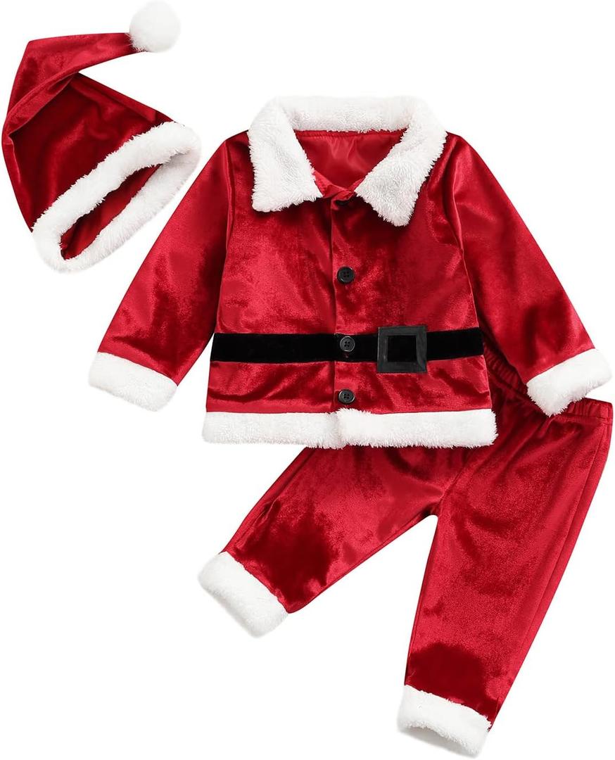 Nicoxijia Baby Christmas Costume Santa Claus Outfit Velvet Long Sleeve Christmas Jacket+Long Pants +Xmas Hat Cosplay Clothes (12-18 Months, Red)