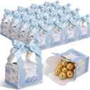 ForraFun 50 Sets Floral Wedding Favor Boxes with Pearl Pendant Bow Ribbon Floral Wedding Party Candy Boxes Bridal Gift for Guests Bridal Shower Birthday Party Anniversary Supplies(Blue)