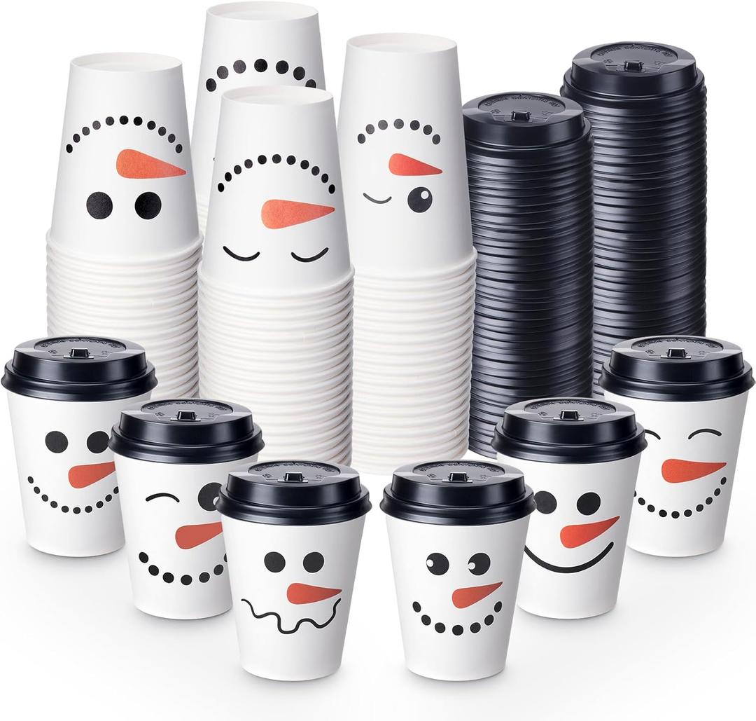 Sliner Christmas Snowman Disposable Paper Coffee Tea Cups with Lids Winter Wonderland Xmas Cocoa Cups for Juice Hot Cold Beverage Drinks Seasonal Holiday Party Supplies(9 oz)