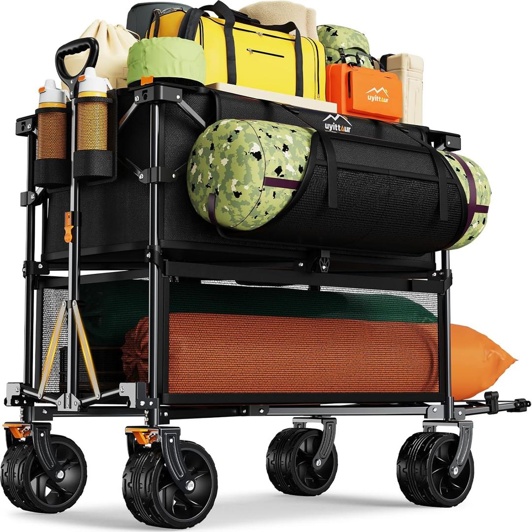 Foldable 50''L Extra Long Double Decker Wagon for Sport, 400L Collapsible Heavy Duty Wagon Cart with Big Wheels, Utility All-Terrain Large Extender Cart for Outdoors (Black)