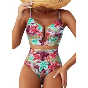Herseas Womens 2 Piece High Waisted U Wire Bikini Set Floral Print Swimsuit Crisscross Back Bathing Suit Beach Swimwear (XX-Large, Green Pink Lily)