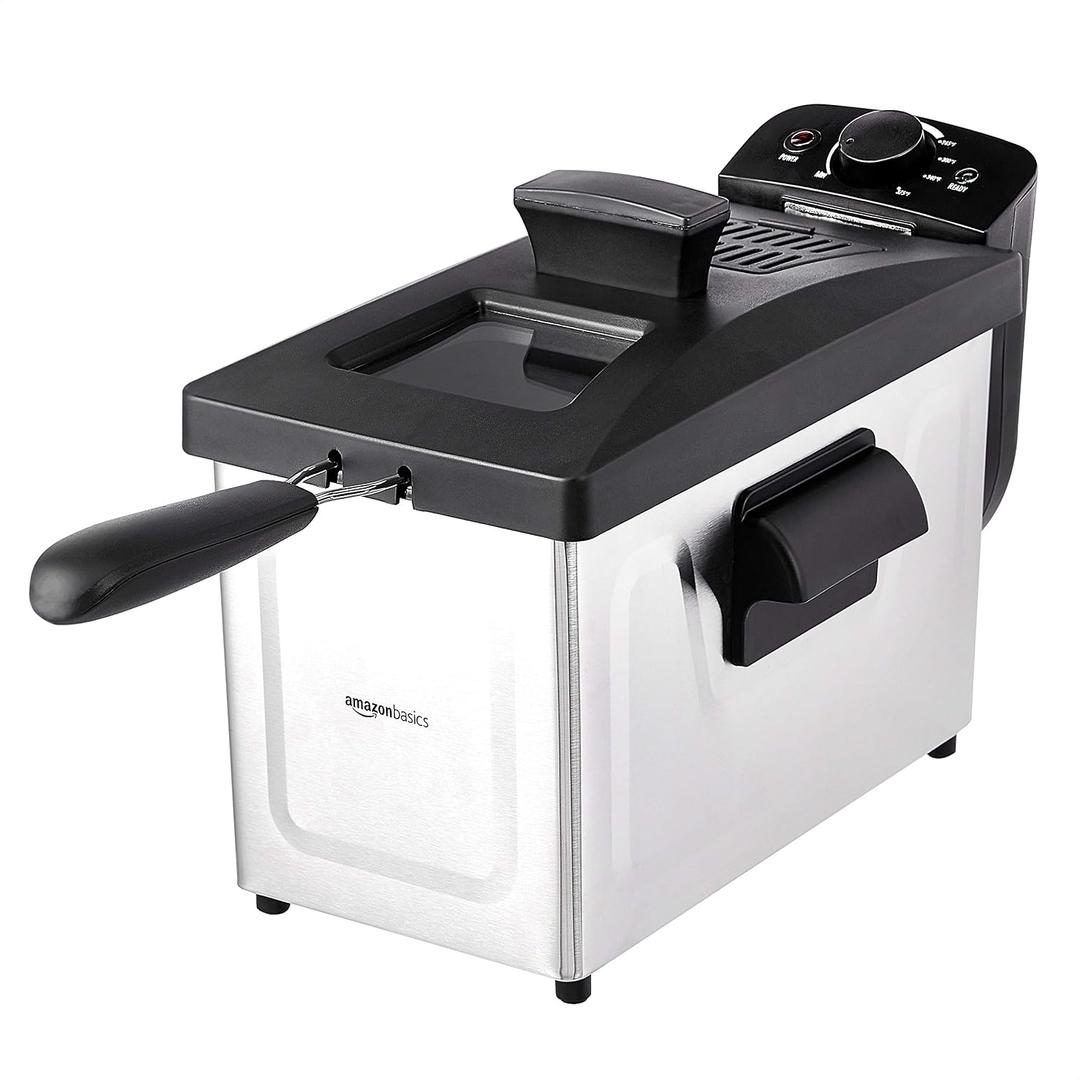 Amazon Basics 3.2-Qt (3.0L) Electric Deep Fryer with Adjustable Temperature Control, Easy Draining Basket, Viewing Window, Fast-Heating 1500W, Stainless Steel Exterior, Black & Silver