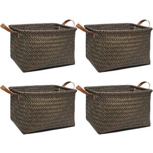 GIB Wicker Storage Baskets for Shelves with Handles 4 Pack, 15"x11" Large Woven Decorative Rectangular Baskets Bins Organizer for Blankets Clothes Laundry Bathroom Nursery Picnic, Black/Dark Gray