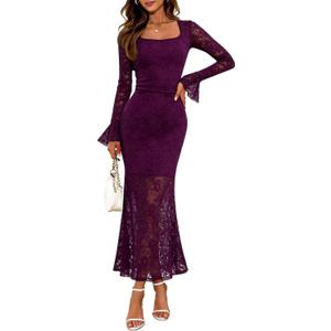 Elegant Women's 2025 Bell Long Sleeve Lace Maxi Dress Sexy Square Neck Fall Bodycon Mesh Wedding Guest Cocktail (Purple), Small
