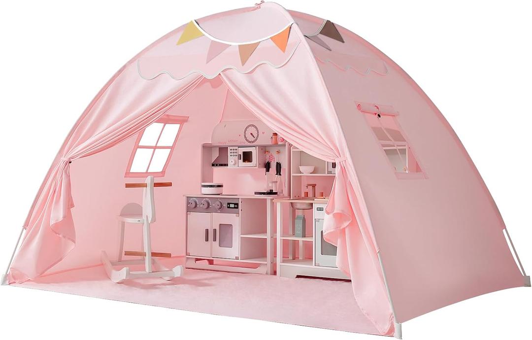 Sumbababy Toddler Bed Tent Canopy: Lights & Flags Indoor Floor Kids Play Tent Playhouse - Portable & Foldable Twin Bunk Bed Curtains - Twin Bed Tent for Girls Gifts (Pink)