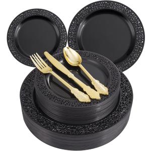 U-QE 150PCS Black Plastic Plates with Gold Plastic Silverware, Black Plates Disposable for Party Include 30 Dinner Plates 10.25", 30 Salad Plates7.5", 30 Forks, 30 Knives, 30 Spoons