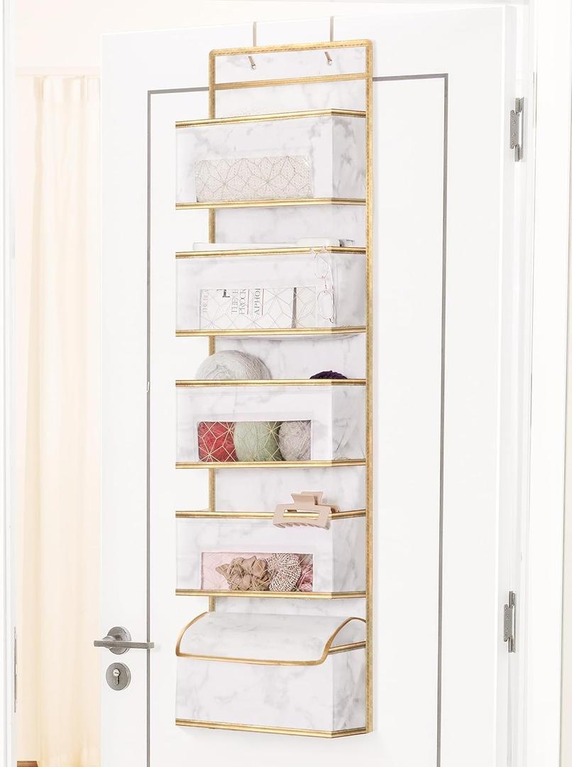 Over Door Hanging Organizer - Door Mount Closet Organizer 5-Shelf, Back of Door Bathroom Organizer with Clear Window, Storage Bag for Baby Nursery/Pantry/Bedroom/Make up (White Marble)