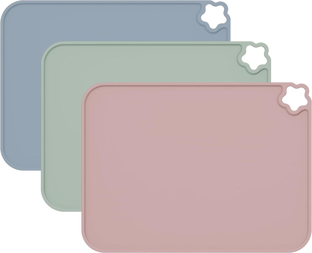 Silicone Placemat for Kid Stain-Proof Non-Slip Toddle Reusable PortableHeat Resistant for Toddlers placemat 3 Pack (Blue/Green/Pink)