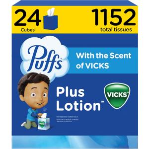 Puffs Plus Lotion with Vicks Facial Tissues, 24 Cubes, 48 Tissues per Box