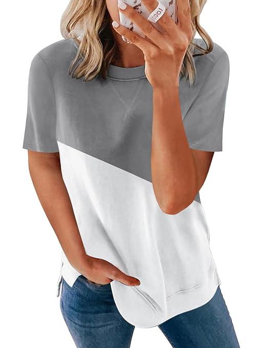 Biucly Women's Short Sleeve Crewneck Shirts Loose Casual Tee T-Shirt (2XL, A1 Grey)