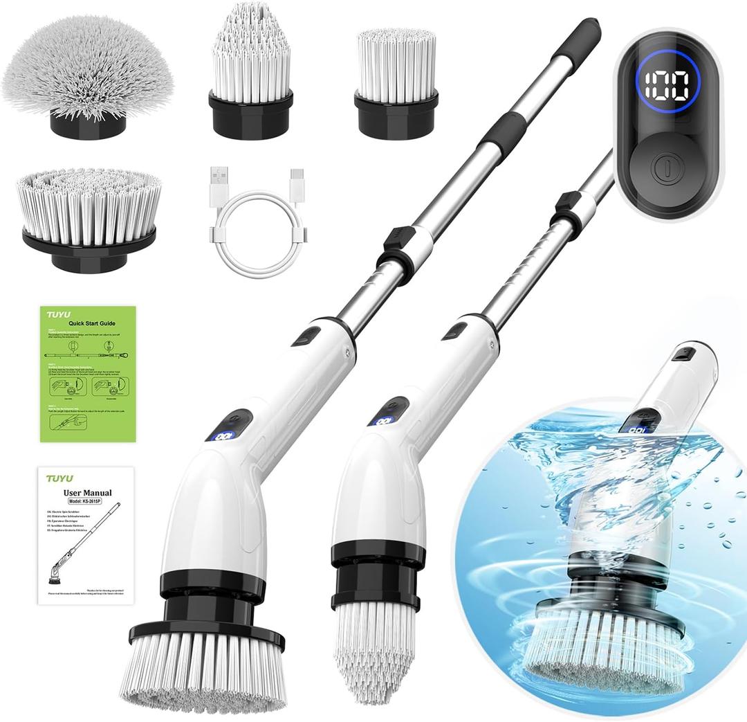TUYU Electric Spin Scrubber, Full-Body IPX7 Waterproof Bathroom Scrubber with Power LCD Display, Adjustable Extension Handle, Cordless Shower Cleaner Brush for Bathtub Kitchen Wall Cleaning (Black)