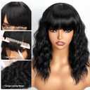 Black Bob Wig with Bangs Short Wavy Hair Wigs for Women Realistic Shoulder Length Style Synthetic Heat Resistant Wig for Everyday Hairstyle 16 Inch