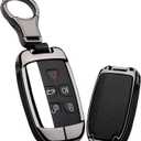 Ontto Key Cover Fit for Land Rover Key Case Metal Leather Key Holder with Keychain (Black Metal Shell, Black-b)
