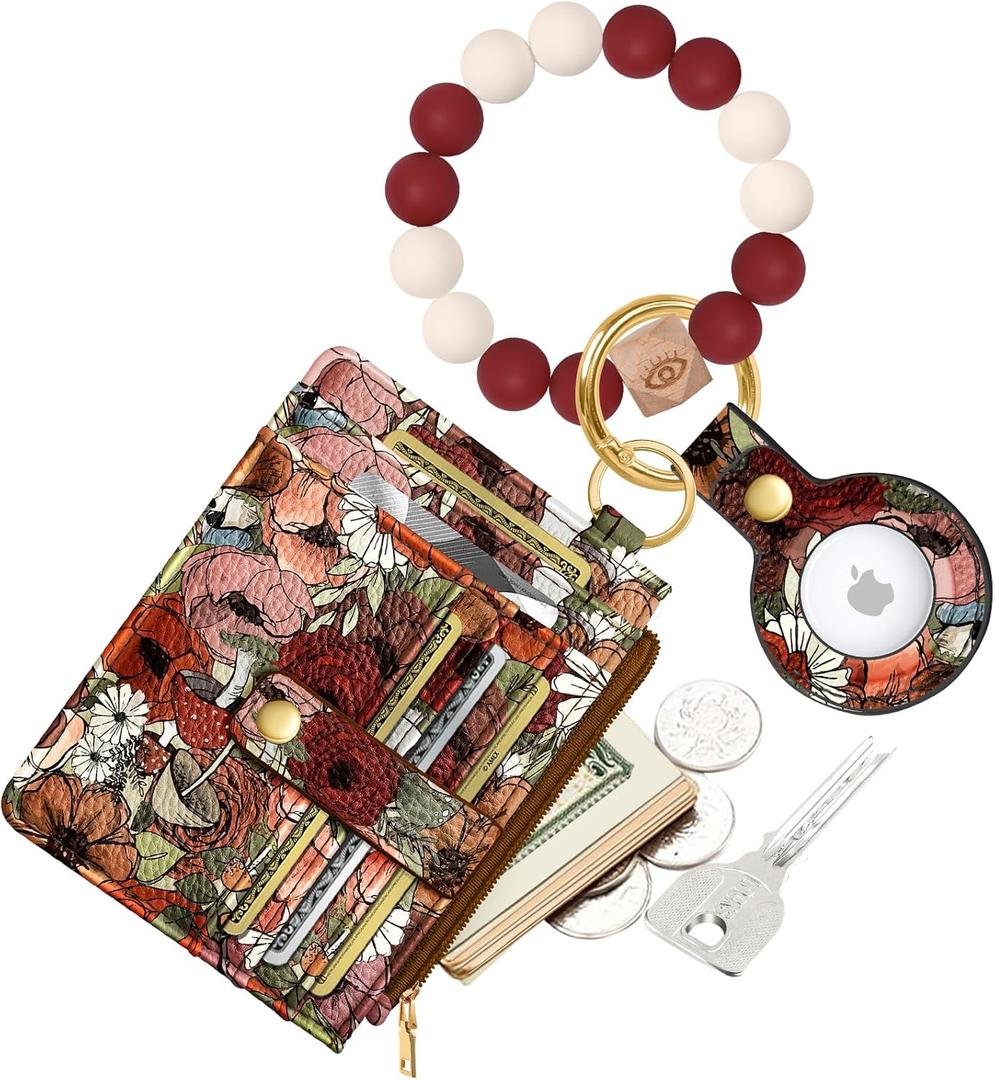 Wallet Keychain Wristlet for Women with AirTag Holder - Cute Design Credit Card Holder Wallets Key Chain Ring Slim Small RFID Air Tag Coin Pocket Purse for Ladies Teen Girls,Mogu Flower