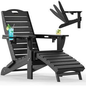 Ciokea Folding Adirondack Chair with Retractable Ottoman Fire Pit Patio Chair with Pull Out Foot Rest Weather Resistant Lawn Outdoor Lounge Chair with 2 Cup Holder (Black)