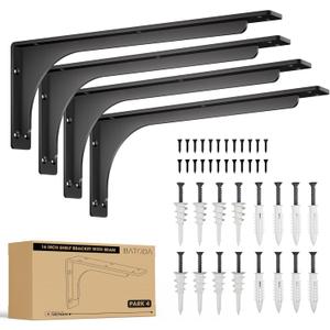 BATODA 16 Shelf Brackets with Beam (4pcs) - L Shelf Brackets Black - Hook Brackets for Floating Shelves - Wall Mounted Support for DIY Open Shelving Mounting Hardware Included (Pack 4) (4, 16 Inch)