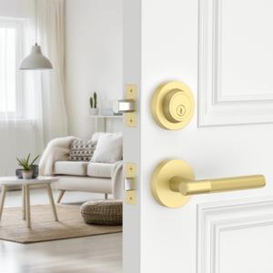 Amerdeco Front Door Lock Set with Double Cylinder Deadbolt, Exterior Entry Door Lever, Heavy Duty Entry Door Locksets for Left or Right Hand Exterior DoorBrushed Gold 2 Pack