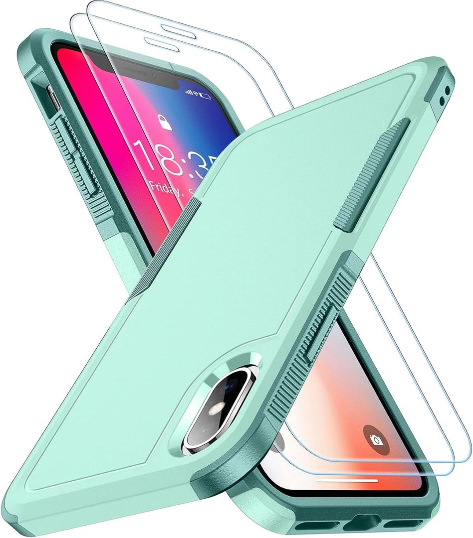 SPIDERCASE for iPhone X/XS Case,[Dual Layer][10 FT Military Grade Drop Protection] [Non-Slip] [2 pcs Tempered Glass Screen Protector] Heavy Duty Shockproof Case for iPhone X/XS 5.8-Light Green