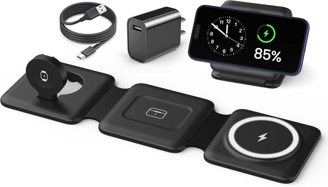 Magnetic Wireless Charger for iPhone: Fodable 3 in 1 Charging Station for Multiple Apple Devices - Travel Charging Pad Dock for Apple Watch iPhone 17 16 15 14 13 12 Pro Max Plus & Airpod