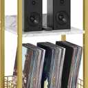 Large White Marble Record Player Stand with Golden Metal Frame, 3 Tier 18" Wide Big End Table with Vinyl Storage Up to 130 Albums, Industrial Turntable Printer Tables for Living Room, Office