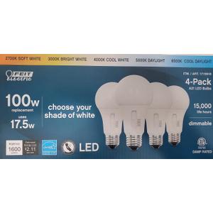 17.5W (100W Replacement) Selectable Color A21 E26 Base LED Bulb (4-Pack)