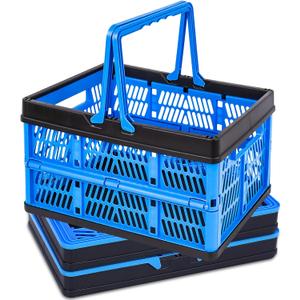 3 Packs 20L Collapsible Plastic Shopping Basket with Handles - Plastic Collapsible Storage Bins, Multi-function Collapsible Storage Crates Black & Blue