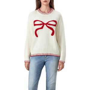 Women Bow Sweater Y2k Crewneck Long Sleeve Knitted Pullover Teen Girls Oversized Sweaters Cute Fall Tops (Medium, White)