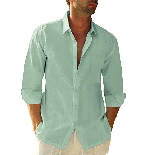 Button Down Linen Shirts for Men Casual Long Sleeve Regular Fit Cotton Beach Shirts with Pocket Size M