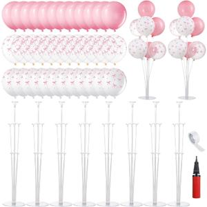 VioraWhite 8 Set Balloon Stands Kits, Sticks Holder with Base and Balloon for Table Centerpieces Party Decoration for Birthday Baby Shower Fiesta Carnival Wedding Graduation Party(Pink Bow)