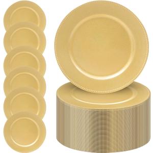 MAONAME 13" Gold Charger Plates Set of 100, Round Charger for Dinner Plates, Plate Chargers with Beaded Rim, Plastic Table Chargers for Wedding, Party