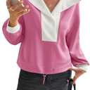 Fisoew Womens Cropped Oversized Sweatshirt Casual Lapel V Neck Long Sleeve Contrast Drawstring Loose Fit Fall Pullover Tops (Large, Pink)